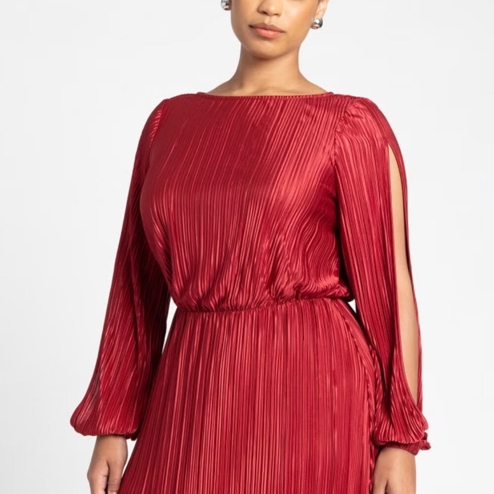 ELOQUII Red Plissé Satin Open Sleeve Midi Wedding Guest Dress 18 NWT - Picture 2 of 2